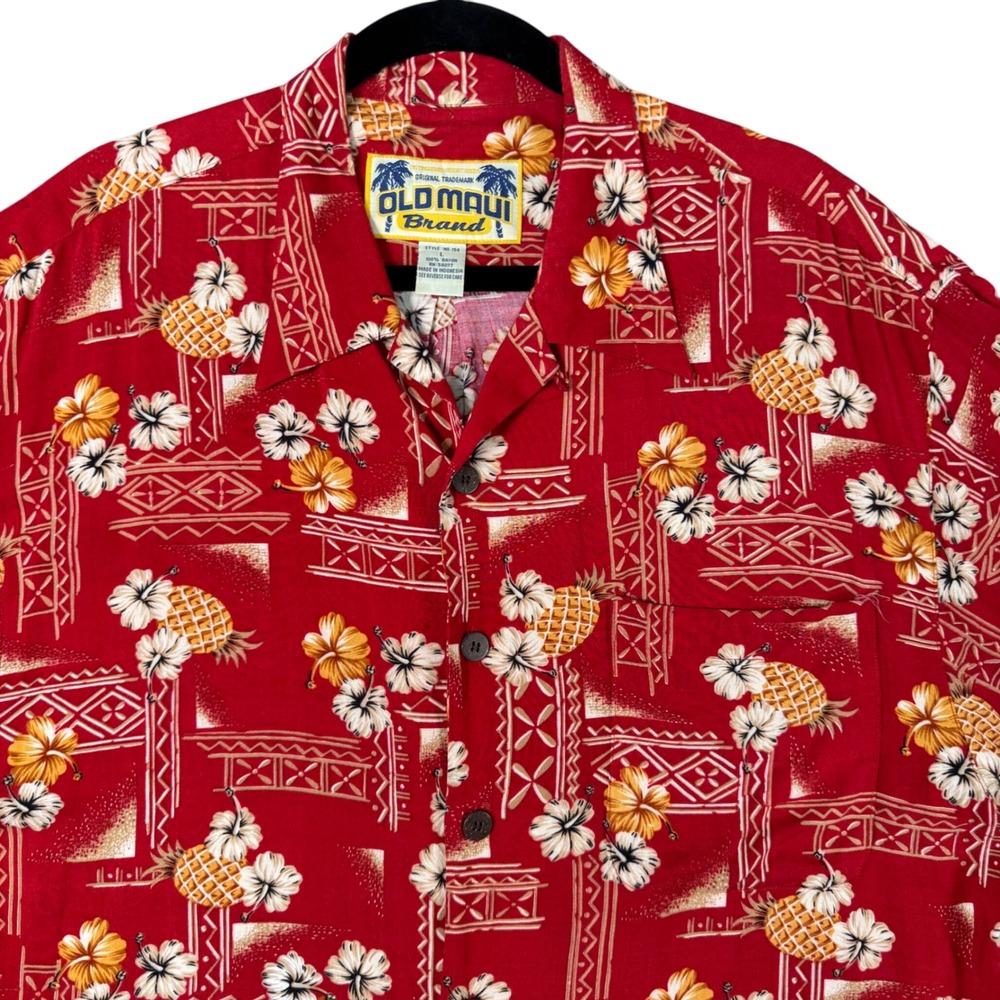 Vintage Old Maui Brand Hawaiian Shirt Men's L Red Pineapple Aloha Rayon USA